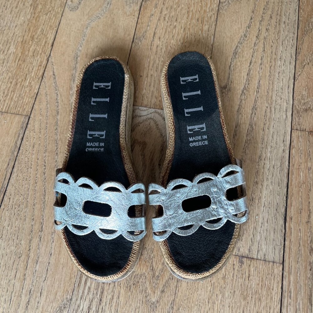 Greek Scalloped Textured Leather Espadrille Slide Sandals Size 38 Brand New